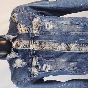 Rolling Paper distressed dark wash faded Med denim jean jacket